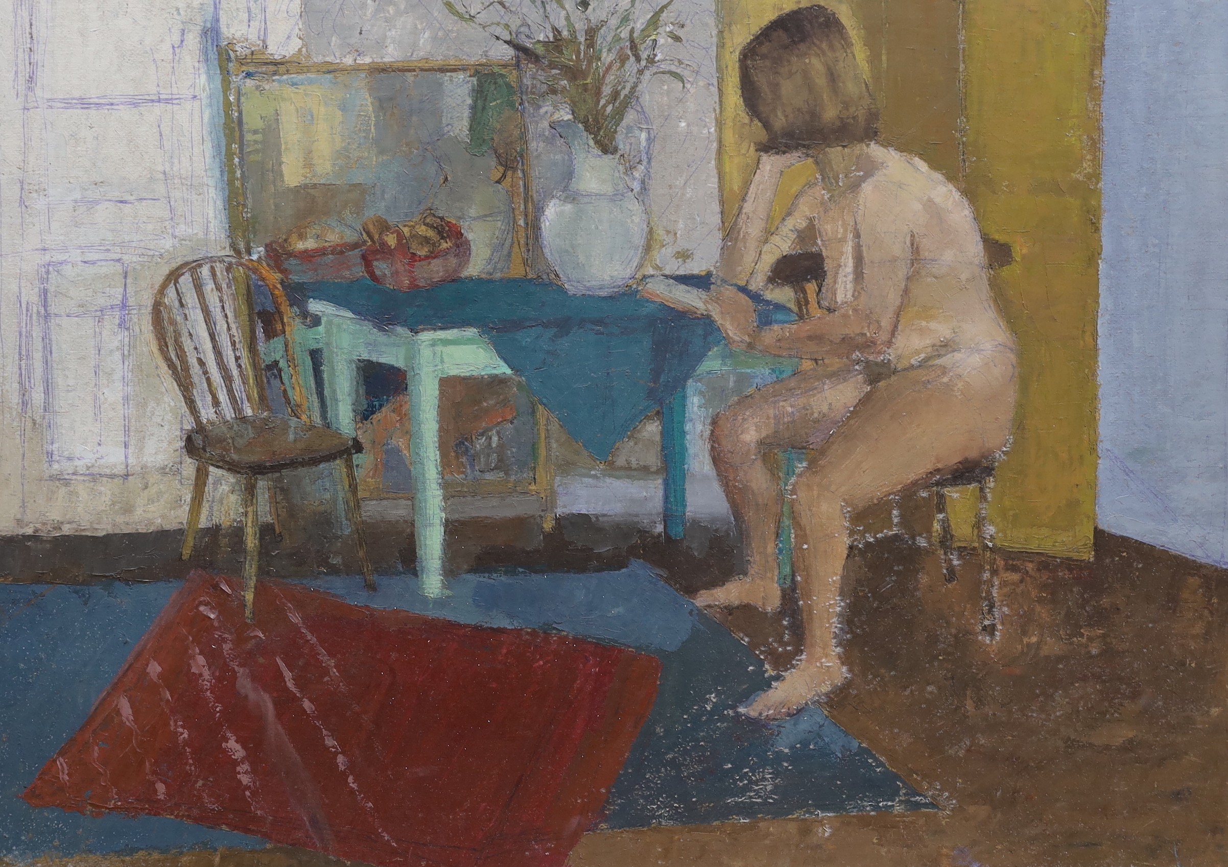 Keith John Tutt, three oils on board, Nudes in the studio, one inscribed verso, largest 77 x 62cm, unframed